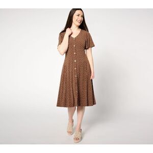 Susan Graver Women's Petite Dress PS Printed Liquid Knit Button Brown A501402